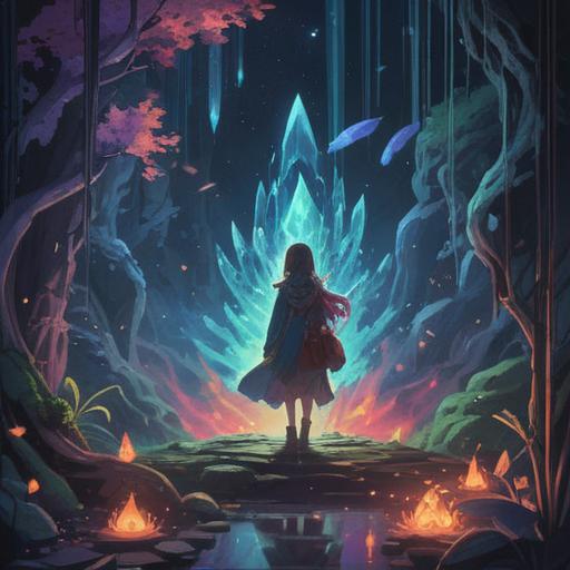 A mystical illustration of a radiant crystal, shimmering with vibrant colors, surrounded by gentle light, mystical aura, cascading energy waves, serene atmosphere, lush natural background, representing beauty and spiritual healing, 4k