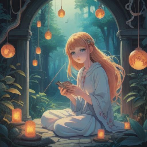 A serene and mystical scene depicting a person with pale skin, surrounded by ethereal symbols and soft light, reflecting spiritual signs, a tranquil forest background, gentle nature elements, a calm expression, a sense of awareness, hints of aura or energy surrounding them, 4k