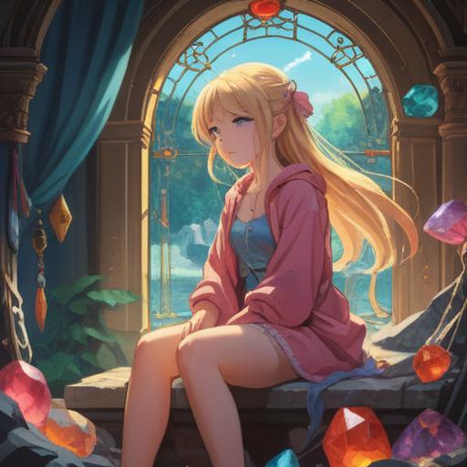 A serene scene featuring a person with pale skin sitting peacefully among vibrant gemstones, focused on a radiant lucky stone, soft natural light illuminating the stones, lush greenery surrounding them, a calm and tranquil atmosphere, detailed textures of the stones, harmonious color palette, demonstrating balance and positivity, 4k