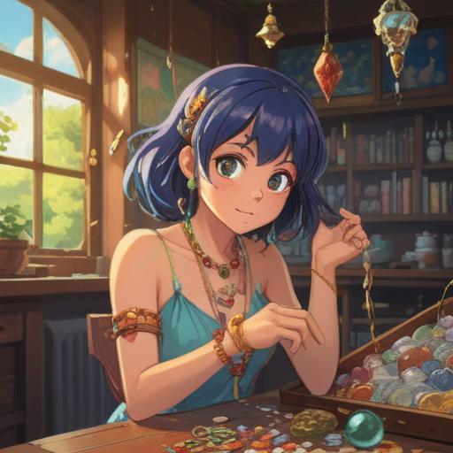 A vibrant illustration showcasing a person selecting lucky jewelry, colorful array of gemstones, joyful expression, detailed jewelry display, warm sunlight streaming in, positive energy emanating, elegant accessories, surrounded by sparkling charms, serene and uplifting atmosphere, 4k