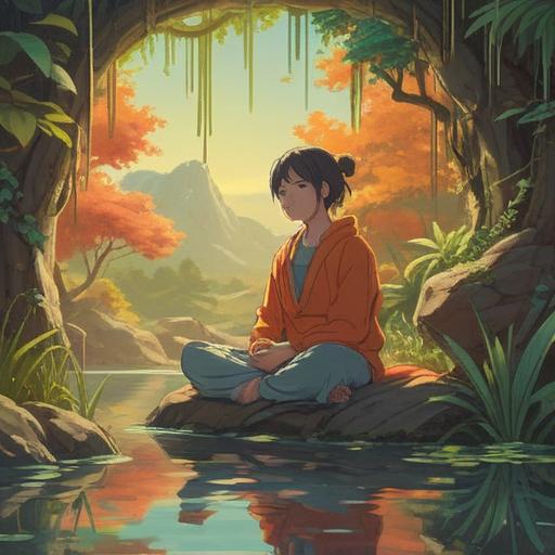 A serene digital artwork, a person meditating in a tranquil setting, surrounded by soft light and warm colors, reflections of inner strength and growth, symbolic elements representing self-discovery, harmony with nature, a gentle aura of self-acceptance, soothing atmosphere, inspiring quotes in the background, 4k