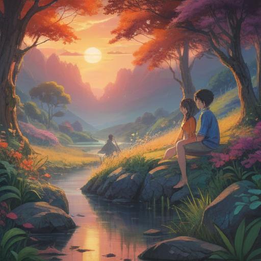 A serene and harmonious scene depicting two individuals connecting deeply, warm light surrounding them, auras blending together, lush nature backdrop with gentle flowing water, ethereal glow, peaceful expressions, symbolic elements representing spiritual harmony, 4k