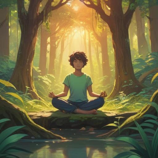 A tranquil scene depicting a person meditating in nature, surrounded by gentle sunlight filtering through the trees, ethereal energy swirling around them, symbolic butterflies representing transformation, serene expression on the person's face, connection to the universe, signs of spiritual awakening, calming colors, peaceful atmosphere, 4k