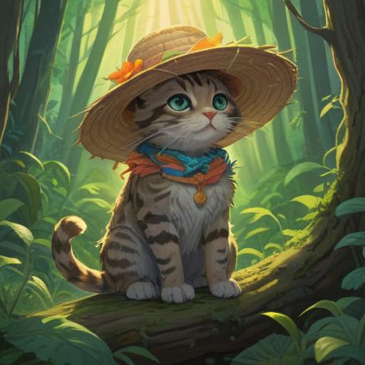 A mystical illustration of a straw hat cat, colorful sunbeam rays surrounding it, symbolic elements representing spirituality, serene forest background, gentle flowing water, ethereal mist, calming atmosphere, enchanting feline features, 4k