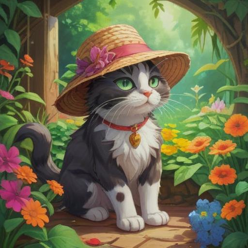 A mystical scene featuring a straw hat cat sitting peacefully in a sunlit garden, surrounded by vibrant flowers and lush greenery, the cat gazing serenely at a shimmering light that symbolizes positive energy, intricate details of the cat’s straw hat, ethereal atmosphere filled with soft glows and gentle breezes, conveying a sense of spiritual guidance and blessings, 4k