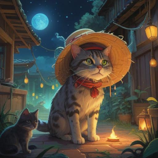 A serene scene depicting a person encountering a straw hat cat, ethereal glow surrounding the cat, mystical symbols in the air, natural setting with lush greenery, gentle sunlight filtering through leaves, calm and peaceful atmosphere, reflection of inner peace, spiritual awakening, 4k