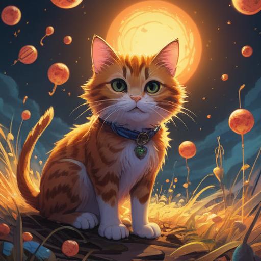 A charming illustration of a straw cat, a lucky charm radiating positive energy, surrounded by glowing orbs of light, vibrant colors, whimsical details, set against a serene background of a sunny garden, elements of good fortune like four-leaf clovers and shining coins, 4k quality