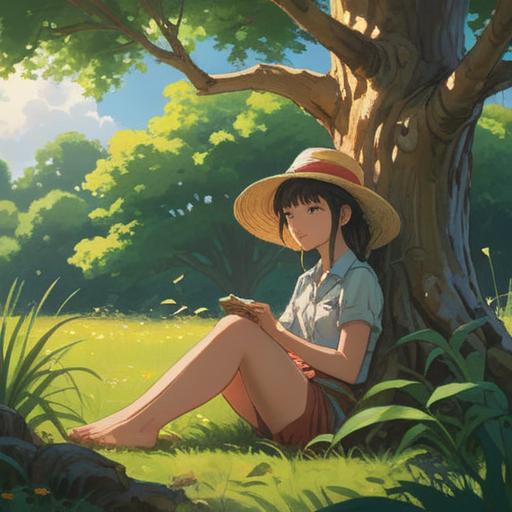 A serene outdoor scene, a person sitting under a tree, gazing at a straw hat cat, warm sunlight filtering through the leaves, gentle expression on the person's face, the cat playfully pawing at a butterfly, lush greenery surrounding them, a sense of tranquility and inner richness, vivid colors, 4k