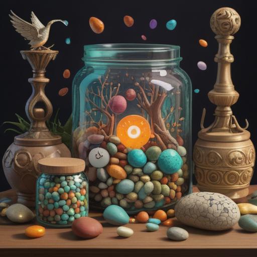 A serene still life composition, featuring a collection of lucky items, calming colors, a glass jar filled with smooth pebbles, an open book with soft pages, a steaming cup of herbal tea, gentle sunlight filtering through a window, tranquil atmosphere, inviting and comforting scene, 4k