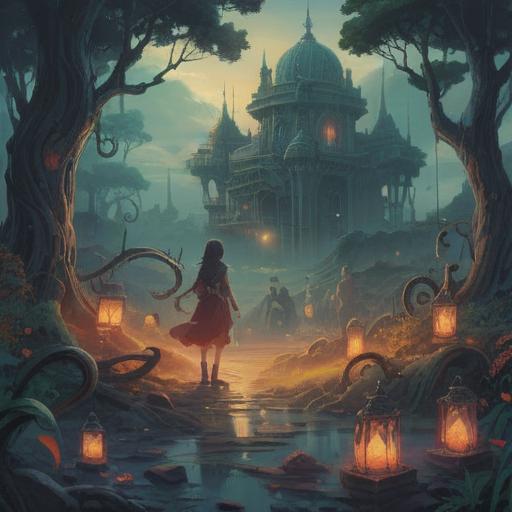 A surreal landscape representing vague anxiety, ethereal mist enveloping shadowy figures, symbolic imagery such as broken hourglass, swirling clouds, distant mountains, reflective water surface, soft light illuminating dark corners, dreamlike atmosphere, conveying deep introspection and existential unease