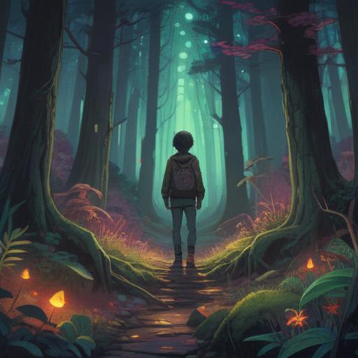 A surreal depiction of a person standing at the edge of a dark forest, shadowy figures representing anxiety lurking in the background, ethereal light breaking through the trees, subtle symbols of spiritual signs in the air, dreamlike atmosphere, intricate details of the forest, warm yet unsettling colors, 4k