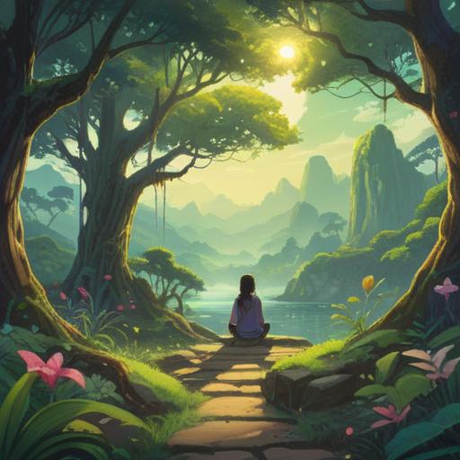 A serene and tranquil scene depicting spiritual practices for cultivating inner peace, peaceful meditation in a lush natural setting, gentle sunlight filtering through trees, a person sitting cross-legged on a soft mossy ground, surrounded by calming elements like flowing water and colorful flowers, harmonious aura, connection to nature, essence of mindfulness, soothing colors and serene atmosphere