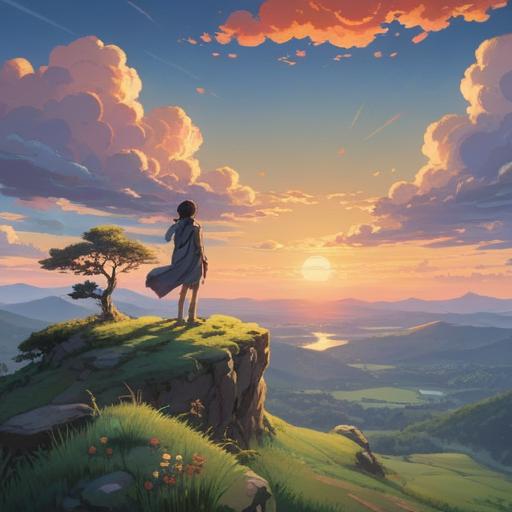 A serene landscape depicting a lone figure standing on a hilltop, gazing at the horizon, soft morning light illuminating the scene, ethereal clouds above, symbols of spiritual growth surrounding the figure, tranquil nature elements, a subtle feeling of introspection and revelation, 4k