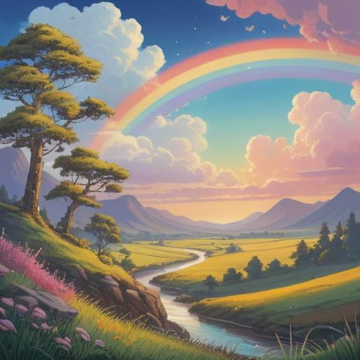 A delicate illustration of a faint rainbow arching gracefully over a serene landscape, symbolizing hope and spiritual connection, soft pastel colors blending harmoniously, ethereal light shining through the clouds, tranquil nature scene with lush greenery and gentle hills, peaceful ambiance, a figure meditating under the rainbow, 4k