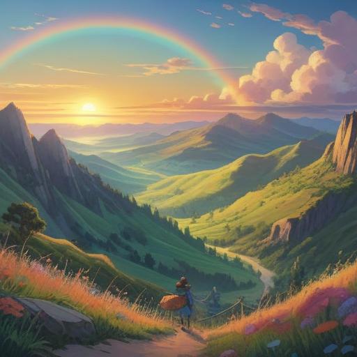 A delicate illustration of a faint rainbow arching across a serene sky, ethereal light illuminating the scene, gentle hills in the background, a tranquil river reflecting the soft colors of the rainbow, spiritual symbols subtly integrated into the landscape, peaceful atmosphere, harmonious nature, uplifting mood, high detail