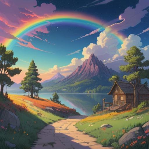 A thin rainbow appearing in the sky, symbolizing spiritual guidance, ethereal atmosphere, serene landscape, gentle light illuminating the scene, subtle colors blending harmoniously, nature's beauty representing hope, mystical aura surrounding the rainbow, peaceful characters embracing the moment, 4k