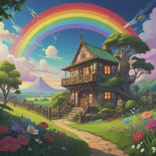 A serene scene depicting a light rainbow fading in the sky, surrounded by a lush green landscape, whimsical items representing luck scattered on the ground, such as four-leaf clovers, horseshoes, and sparkling stars, a gentle breeze rustling through the grass, soft sunlight illuminating the scene, a feeling of hope and positivity, 4k