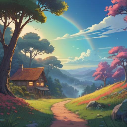 A serene landscape illustration, gentle pastel colors, soft gradients representing a faint rainbow, a tranquil setting encouraging introspection, an open sky with subtle clouds, a figure meditating peacefully, lush green fields, warm sunlight filtering through, calming atmosphere, 4k