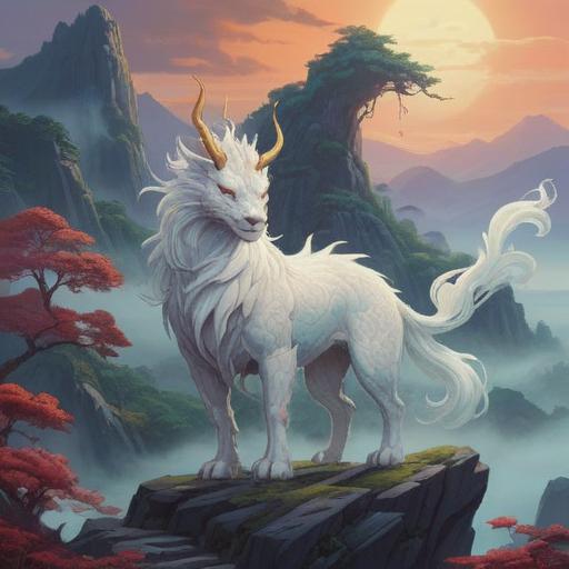 A majestic white qilin standing atop a serene hill, surrounded by ethereal mist, symbolizing purity and spirituality, with soft glowing light illuminating its graceful form, lush green landscape in the background, tranquil atmosphere, intricate details capturing mythical elements, peaceful and celestial ambiance, ideal for depicting spiritual significance, 4k