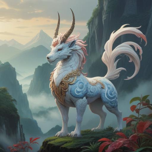 A serene scene of a white qilin standing majestically on a misty mountain peak, surrounded by ethereal light, lush greenery, and colorful flowers, symbolizing spiritual guidance and positivity, gentle clouds drifting in the background, a peaceful and uplifting atmosphere, 4k resolution