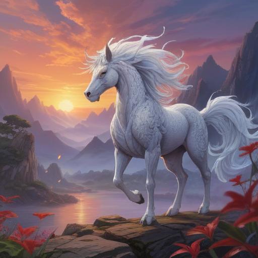 A mystical scene depicting a white kirin appearing amidst a serene landscape, glowing softly in the twilight, surrounded by ethereal mist, ancient trees with lush foliage, shimmering light particles floating in the air, symbols of spirituality and harmony, a sense of peace and awakening, 4k