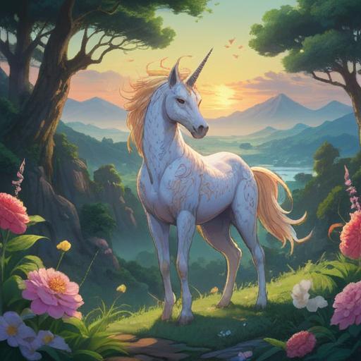 A serene and mystical landscape featuring a white kirin standing majestically on a hillside, surrounded by lush greenery and blooming flowers, soft rays of sunlight filtering through the trees, a beautiful rainbow arcing across the sky, symbols of good fortune and luck subtly integrated into the scene, a sense of tranquility and hope, vibrant colors, 4k