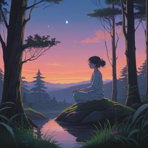 A serene landscape during the white night, glowing twilight sky, ethereal light casting gentle shadows, mystical forest silhouette, a figure meditating peacefully, symbols of spirituality surrounding, soft luminescence reflecting on calm waters, tranquil atmosphere, 4k