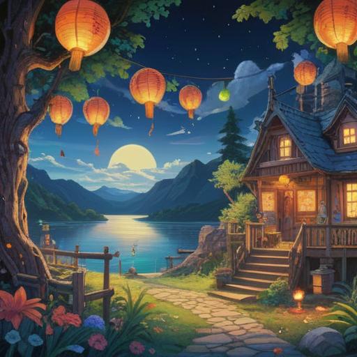 A whimsical scene depicting lucky items for enjoying the midnight sun, vibrant summer colors, playful elements like lucky charms, bright blue skies, sunflowers in full bloom, a serene lakeside setting, joyful figures embracing nature, energetic vibes, detailed texture, 4k