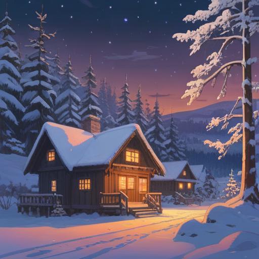 A serene winter landscape under a white night sky, people joyfully enjoying outdoor activities, warm glowing lights from cozy cabins, snow-covered trees, soft reflections on frozen lakes, a sense of tranquility and wonder, vibrant colors contrasting with the cool blues of the night, inviting atmosphere, 4k