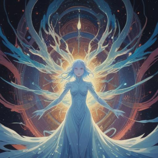 A spiritual moment of white eyes turning blue, ethereal glow, abstract representation of consciousness, mystical energy radiating, connection to the universe, surreal environment, transcendent experience, symbolic imagery, divine insight, 4k