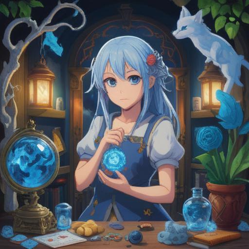 A mystical scene featuring a blue-eyed character surrounded by lucky items, bright blue and white hues, enchanting atmosphere, symbols of good fortune like four-leaf clovers and lucky coins, whimsical background with soft glows, serene expressions, captivating details, 4k