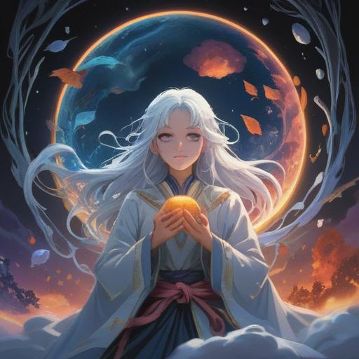 A mystical dream scene depicting a figure with white hair, surrounded by ethereal light, serene atmosphere, symbolic elements representing spiritual guidance, soft glowing orbs, illuminating the path ahead, tranquil landscape, vibrant colors, dreamlike quality, conveying a sense of hope and enlightenment