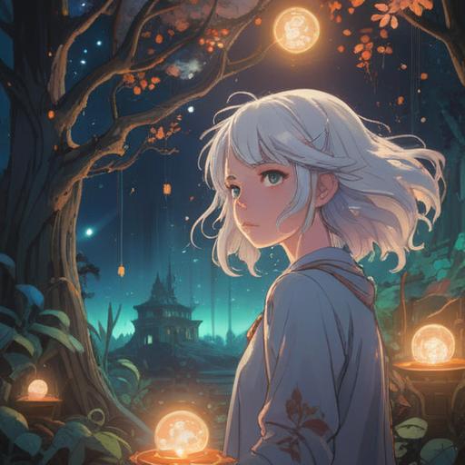 A mystical scene depicting a person with white hair in a dream-like setting, ethereal atmosphere, soft glowing lights, symbolic elements representing spiritual signs, gentle swirls of mist, a serene landscape, hint of cosmic elements like stars and galaxies, representation of intuition and awareness, calming colors, dream interpretation theme, 4k