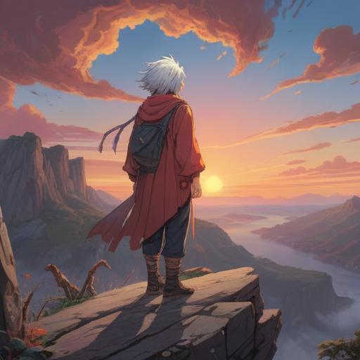 A serene illustration of a person with white hair standing on the edge of a cliff, looking at a vibrant sunset, surrounded by ethereal dreamlike elements like floating clouds and shimmering stars, symbols of personal growth and enlightenment, calm ocean waves below, soft light illuminating the scene, inspirational atmosphere, artistic details that highlight introspection, 4k