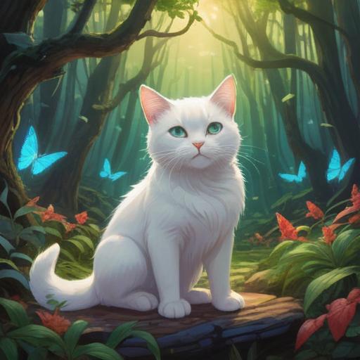 A serene illustration of two white cats in a mystical forest, softly glowing ethereal energy surrounding them, symbolizing purity and harmony, one cat sitting peacefully and the other playfully, intricate details of nature around, representing spiritual connection, gentle colors and light, enchanting atmosphere, 4k