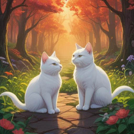A serene scene featuring two white cats, symbolizing spiritual good omens, softly illuminated by ethereal light, surrounded by nature's bounty including blooming flowers and gently swaying trees, a calming atmosphere, incorporating elements of harmony and tranquility, vibrant yet soothing colors, detailed fur textures, reflecting wisdom and positivity, 4k