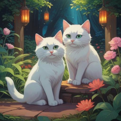 Two white cats sitting peacefully together, surrounded by a shimmering aura, a vibrant lucky item glowing softly nearby, a serene garden setting with blooming flowers and gentle sunlight filtering through the leaves, a sense of joy and tranquility in the atmosphere, intricate details in the cats' fur patterns, enchanting colors, magical realism, 4k