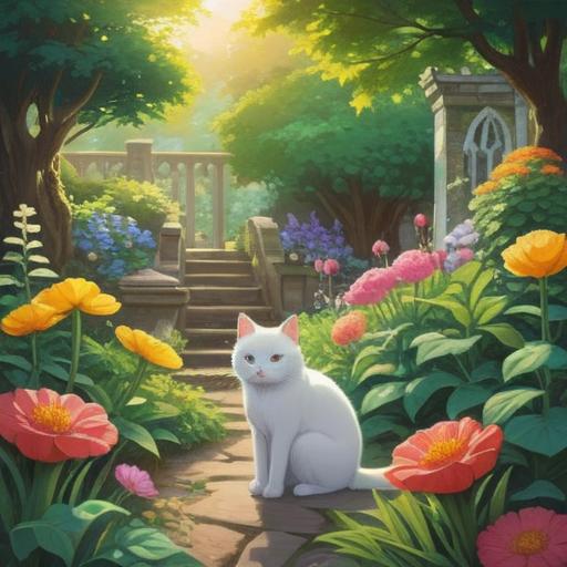 A serene scene depicting a person gazing at a white cat, emotions of peace and joy, a peaceful garden setting, soft sunlight filtering through the leaves, delicate flowers blooming, the person's expression reflecting tranquility and contentment, visual metaphors of hope and renewal, a gentle breeze rustling the fur of the cat, warm and inviting atmosphere, 4k