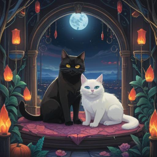 A white cat and a black cat sitting together, symbolizing balance and duality, surrounded by ethereal light, mystical elements in the background, intricate details on the cats' fur, serene expressions, a harmonious blend of shadows and light, aura and energy representation, calm ambiance, enchanting setting, 4k