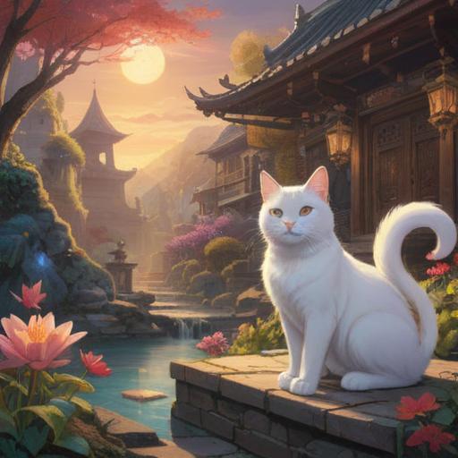 A serene scene featuring a white cat, surrounded by ethereal light, symbolizing good luck and spiritual signs, tranquil atmosphere, soft and fluffy fur, gentle gaze, mystical surroundings with glowing orbs, nature elements like flowers and trees, harmonious energy, captivating and soothing vibe, 4k
