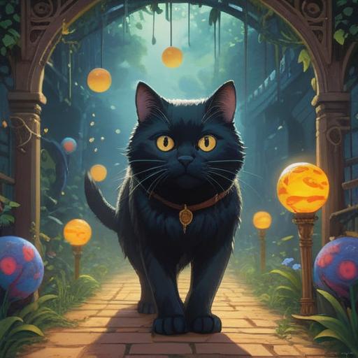 A mysterious scene featuring a black cat crossing a path, surrounded by ethereal mist, glowing orbs of light, cosmic symbols in the air, an enchanting forest backdrop, an aura of spirituality and intuition, soft moonlight illuminating the surroundings, a sense of magical realism, 4k