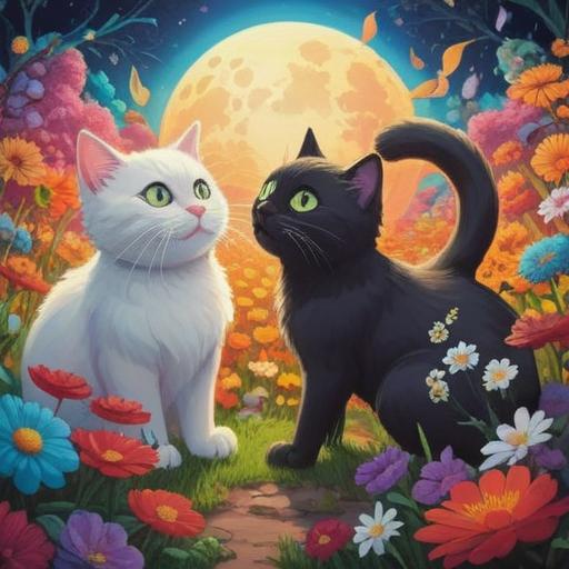 A joyful scene depicting a white cat and a black cat interacting playfully, bright and cheerful atmosphere, the cats surrounded by vibrant flowers and butterflies, a feeling of luck and positivity in the air, enchanting sunlight filtering through the trees, captivating expressions on the cats' faces, 4k