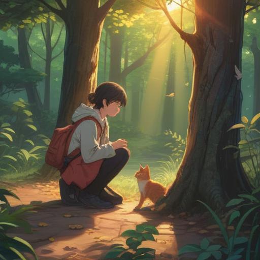 A serene encounter with a cat, warm sunlight filtering through trees, a person kneeling and gently petting a fluffy cat, expressions of comfort and joy, peaceful garden setting, hints of personal growth and reflection, vibrant colors, gentle atmosphere, 4k