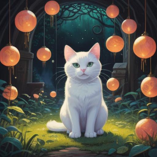 A spiritual illustration of a white cat, symbolizing purity and intuition, surrounded by ethereal light, romantic imagery, soft glowing orbs representing love, delicate floral patterns, serene atmosphere, mystical elements, enchanting expression, 4k
