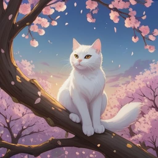 A serene scene featuring a white cat sitting under a blooming cherry blossom tree, soft glimmers of light surrounding it, symbolizing love and spirituality, gentle pastel colors, a couple in the background sharing a tender moment, ethereal atmosphere, vibrant petals falling softly, mystical energy, 4k
