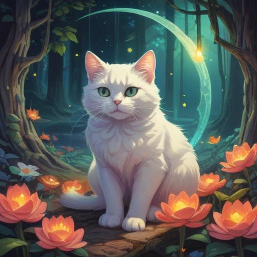 A white cat appearing in a romantic setting, mystical aura, symbols of love around, soft light illuminating the scene, hints of spiritual signs like feathers and glowing orbs, dreamy atmosphere, enchanting background with ethereal elements, serene expressions, 4k