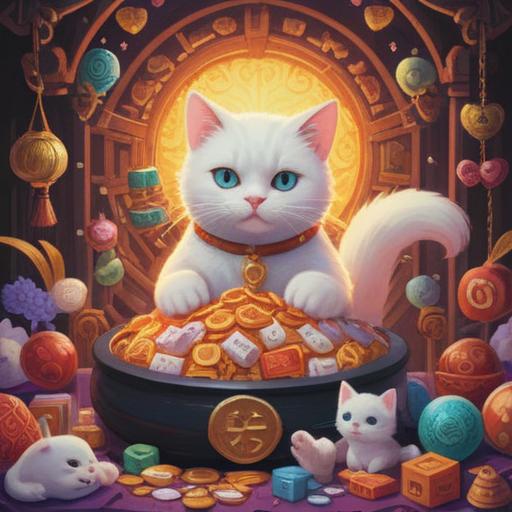 A charming illustration of a white cat surrounded by lucky items for love fortune, the cat playfully interacting with hearts and vibrant lucky charms, a romantic garden scene in the background, soft lighting highlighting the cat's fur, whimsical and enchanting atmosphere, 4k