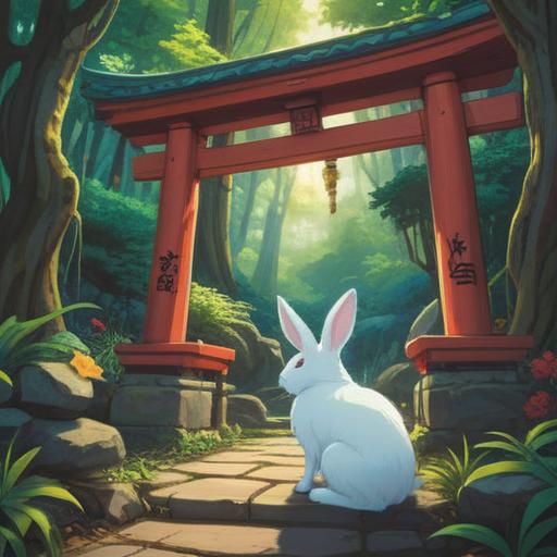 A serene illustration of Shirataki Shrine, featuring a white rabbit motif, symbolic of spirituality and renewal, surrounded by lush greenery and cherry blossoms, a tranquil pond reflecting the shrine's beauty, ethereal light illuminating the scene, sense of peace and harmony, 4k