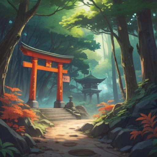 A serene depiction of Shirataki Shrine, ethereal atmosphere, gentle light filtering through lush trees, tranquil rituals taking place, symbolism of good fortune and spiritual guidance, sacred offerings at the shrine, soft flowing waters nearby, harmonious connection with nature, vibrant foliage, peaceful visitors experiencing enlightenment, 4k