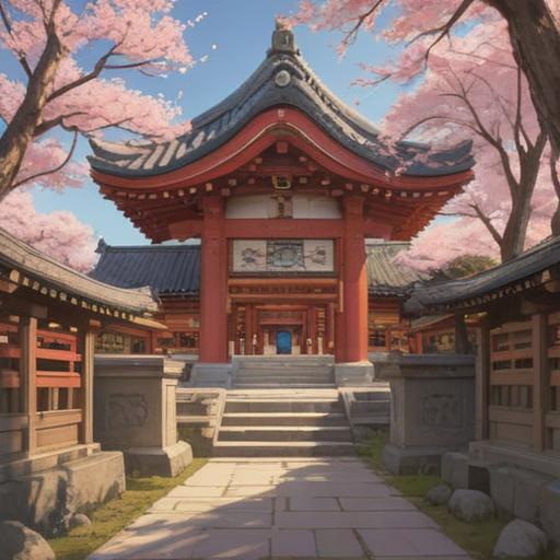 A serene scene at Shirataki Shrine, a lucky animal surrounded by cherry blossoms, intricate wooden shrine architecture, soft sunlight filtering through trees, tranquil atmosphere, traditional Japanese elements, vibrant colors, 4k